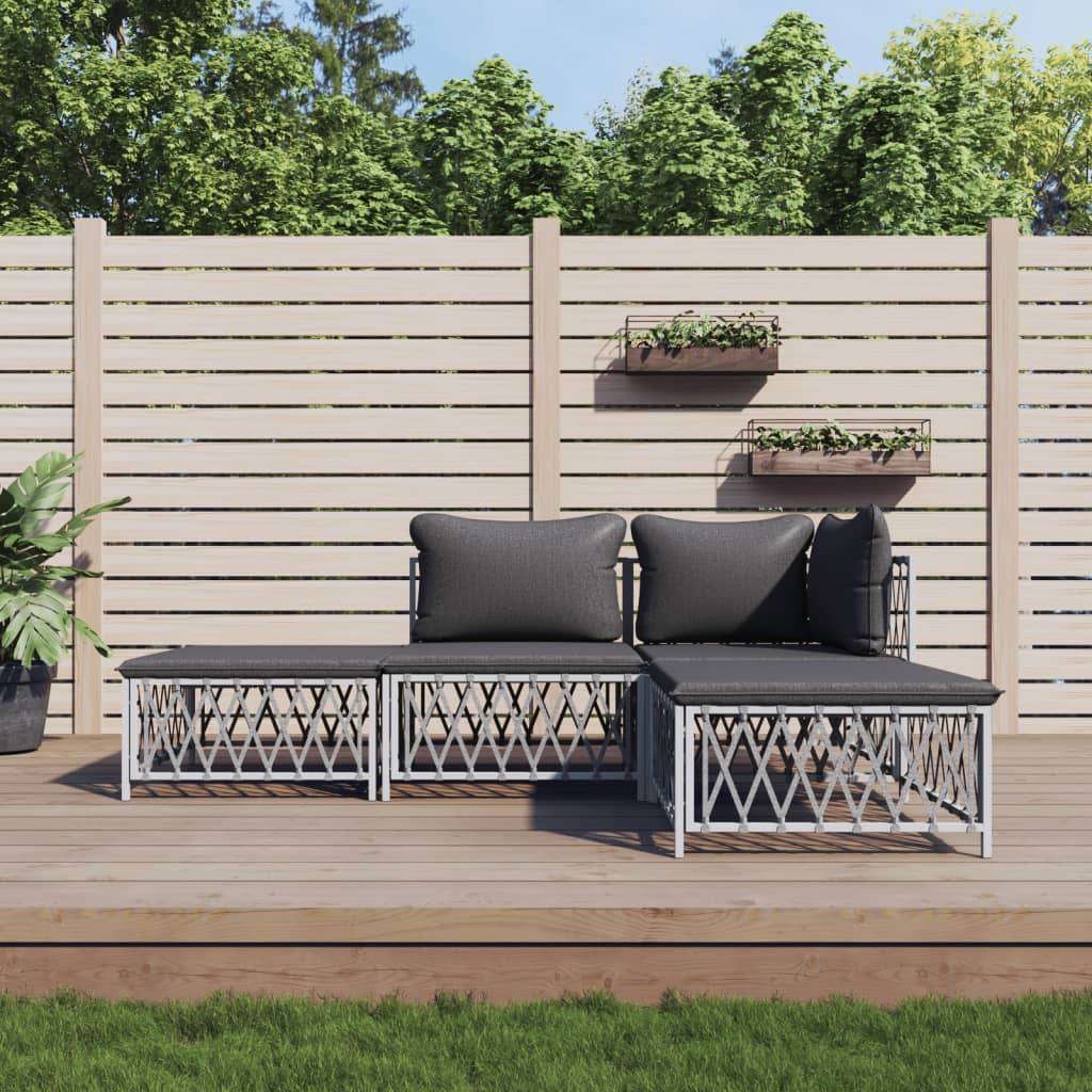 Salon de jardin 4 pcs avec coussins blanc acier