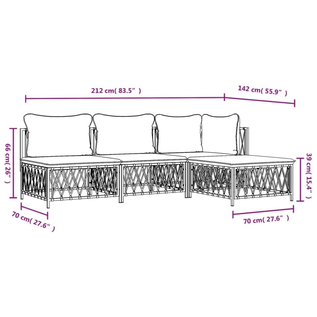 Salon de jardin 4 pcs avec coussins blanc acier