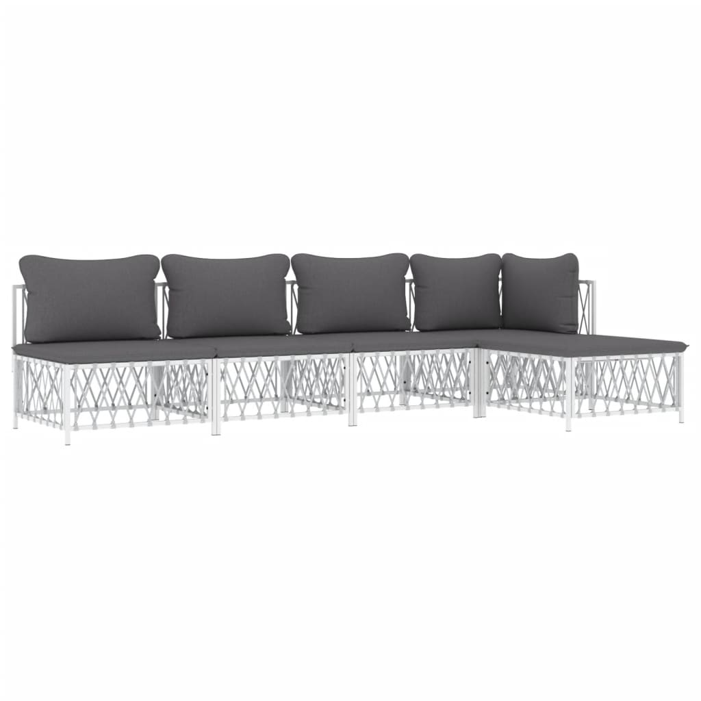 Salon de jardin avec coussins 5 pcs blanc acier