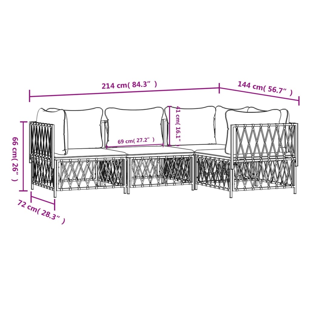 Salon de jardin 4 pcs avec coussins blanc acier