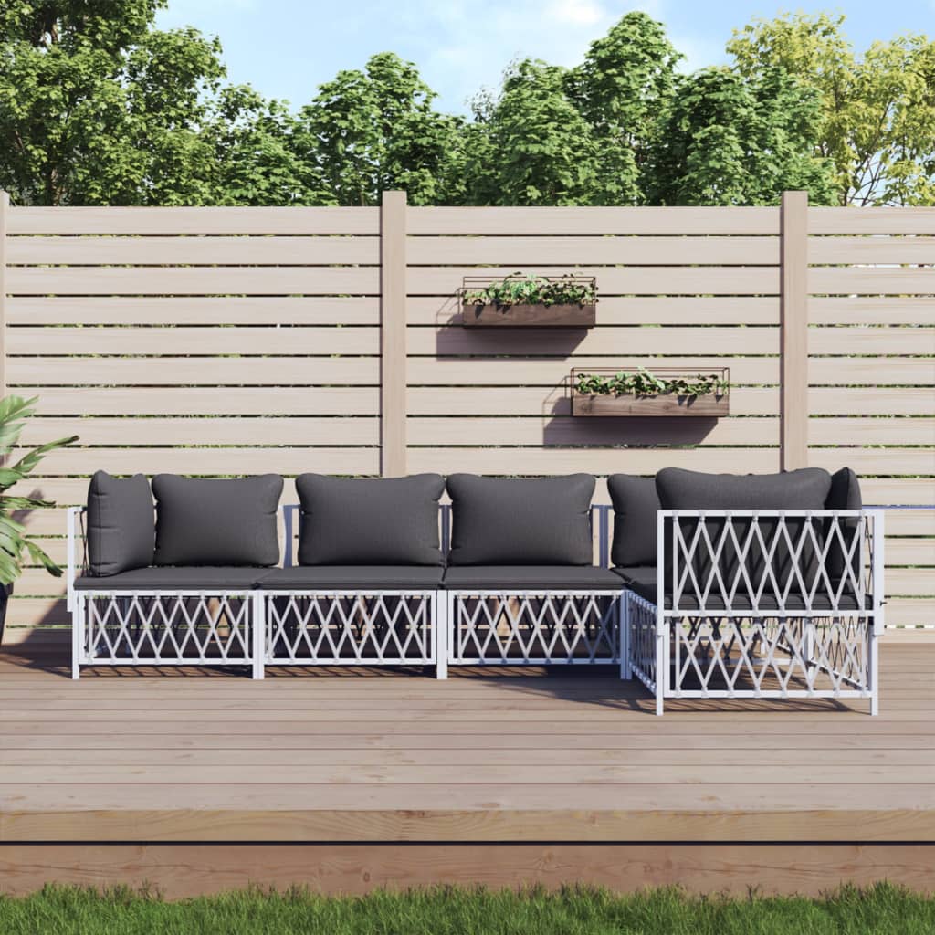 Salon de jardin avec coussins 5 pcs blanc acier