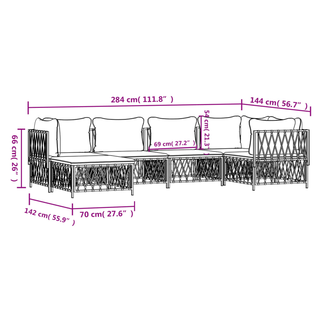 Salon de jardin avec coussins 6 pcs blanc acier