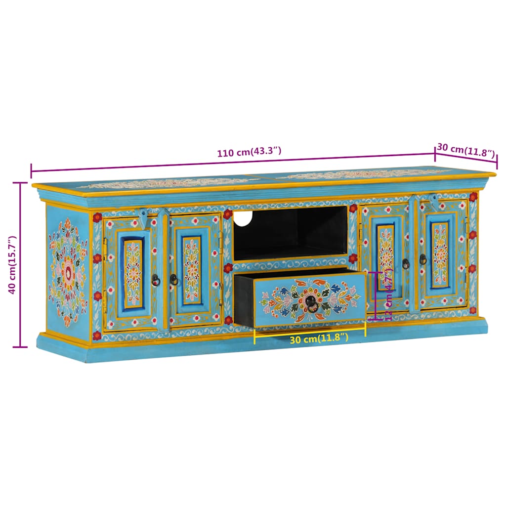 Meuble TV bleu 110x30x40 cm bois massif de manguier - XIOS