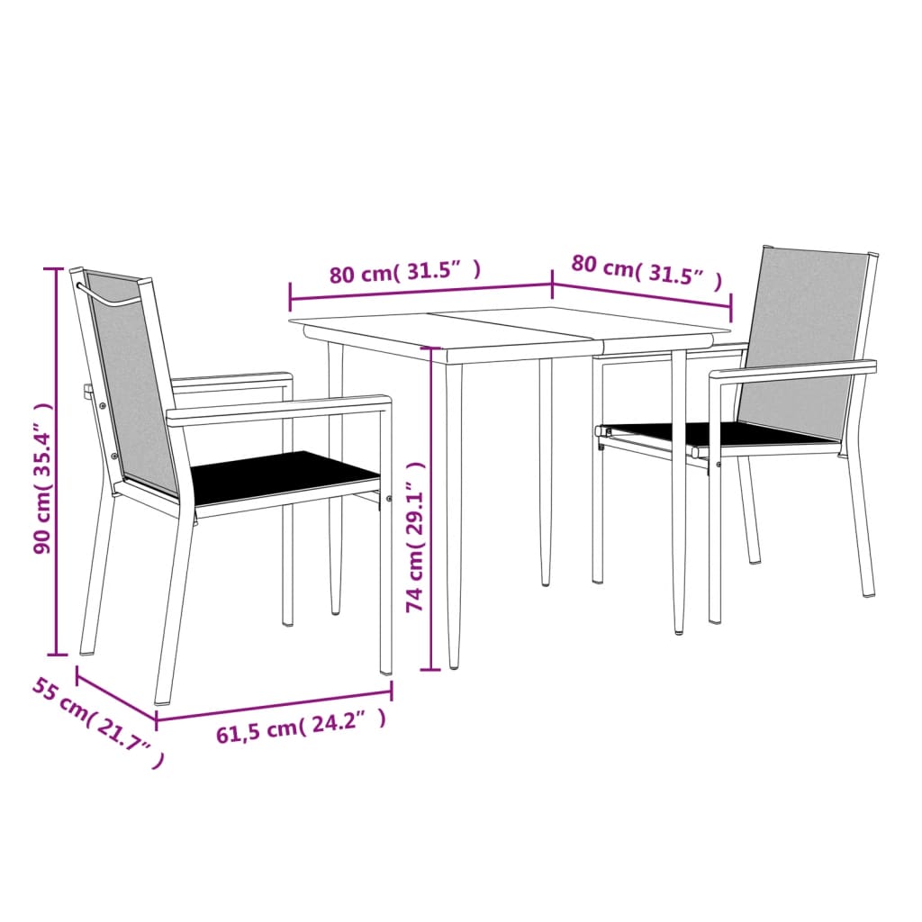 Ensemble à manger de jardin 3 pcs noir textilène et acier