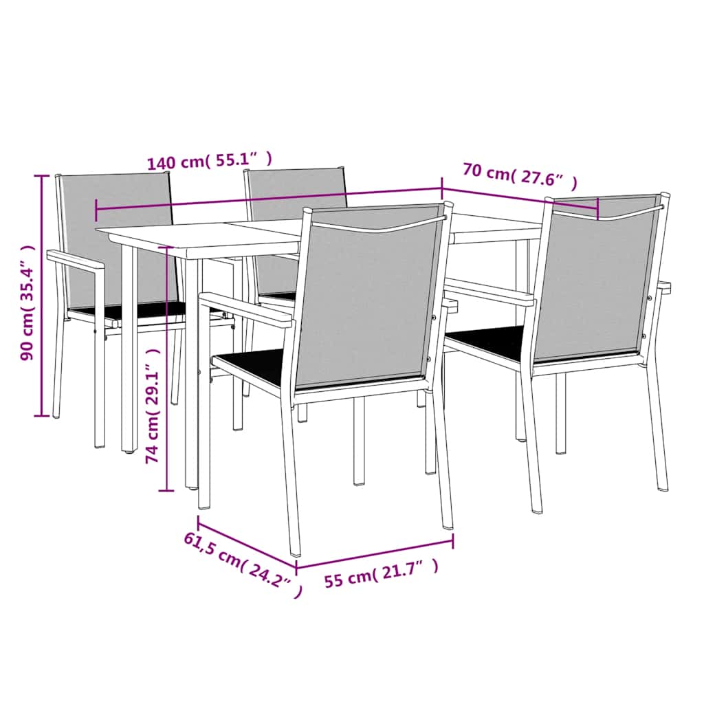 Ensemble à manger de jardin 5 pcs noir textilène et acier