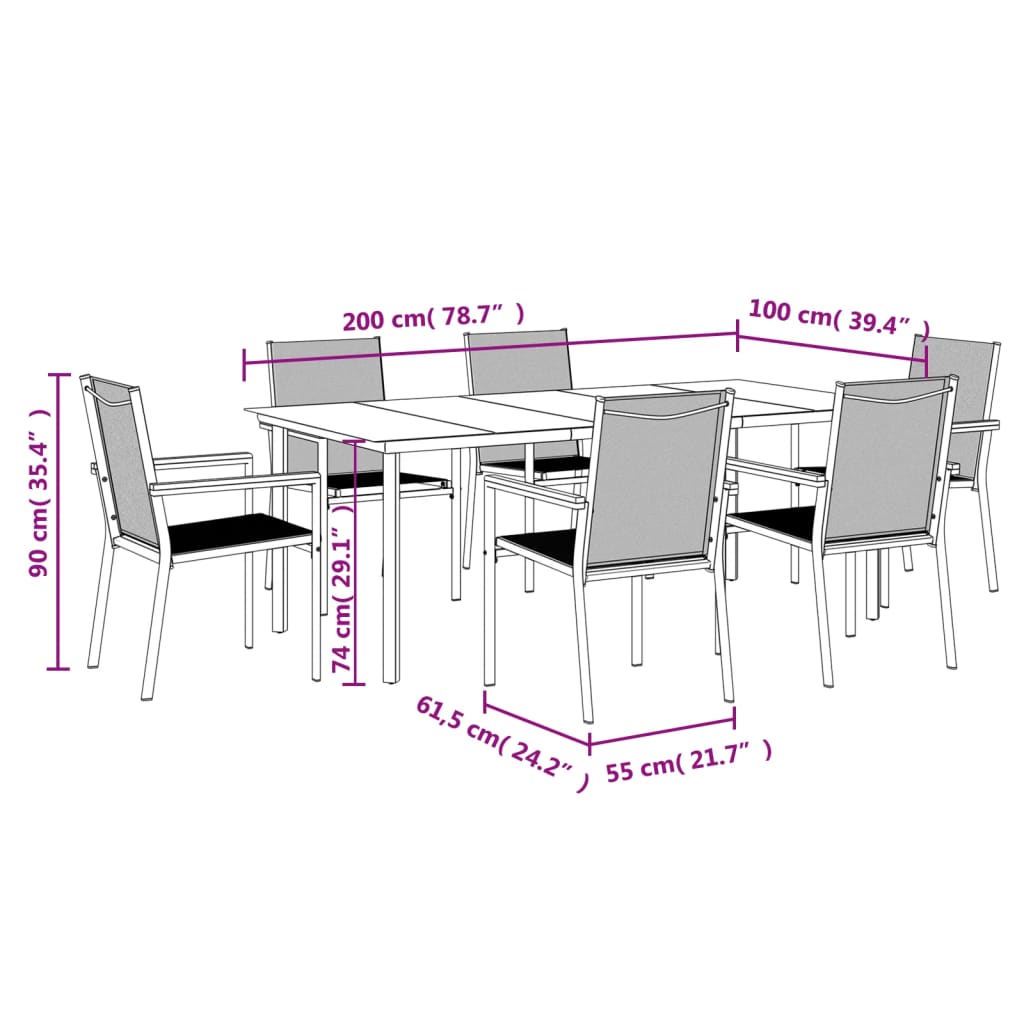 Ensemble à manger de jardin 7 pcs noir textilène et acier