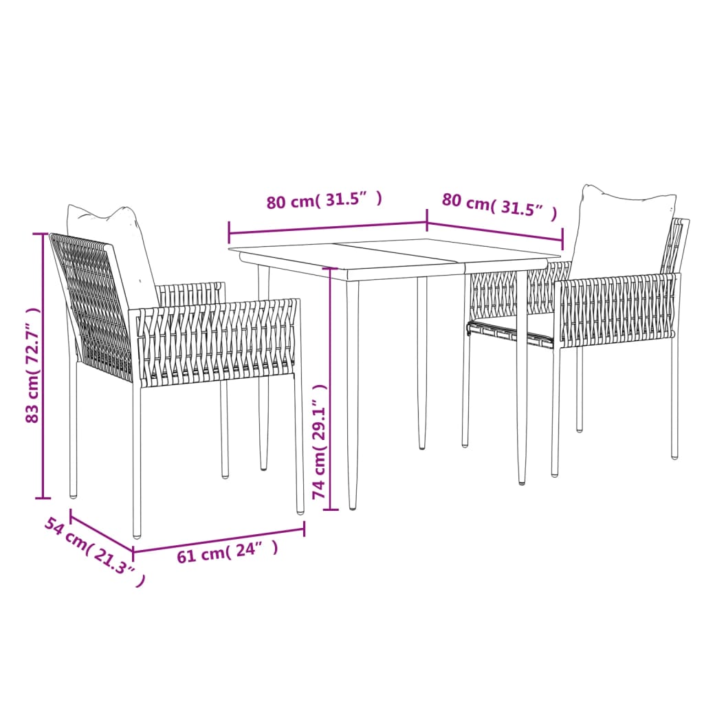 Ensemble à manger de jardin 3 pcs coussins résine tressée acier