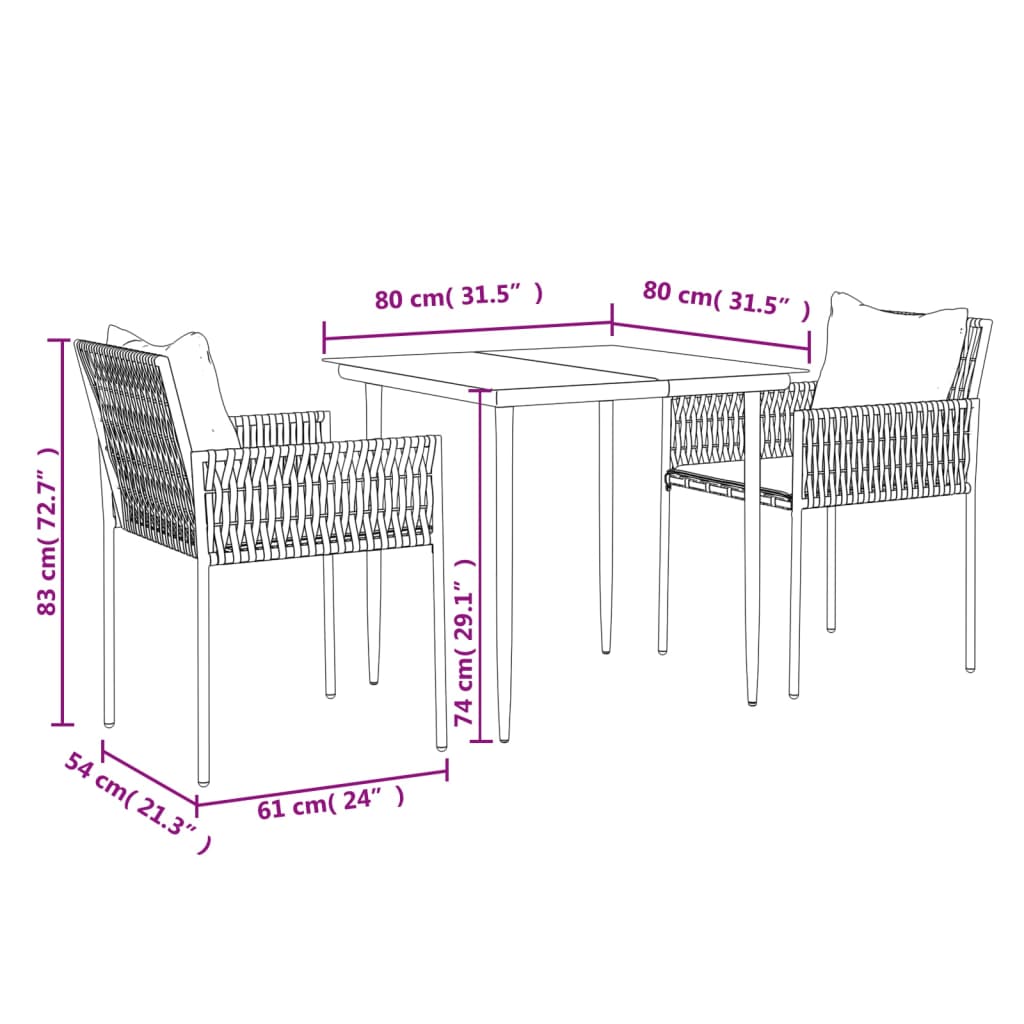 Ensemble à manger de jardin 3 pcs coussins résine tressée acier