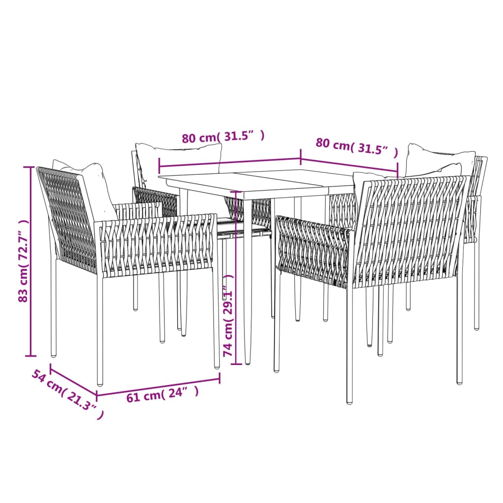 Ensemble à manger de jardin 5 pcs coussins résine tressée acier