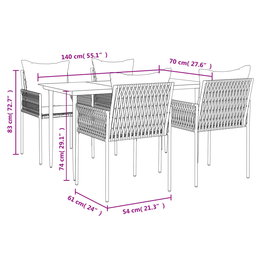 Ensemble à manger de jardin 5 pcs coussins résine tressée acier