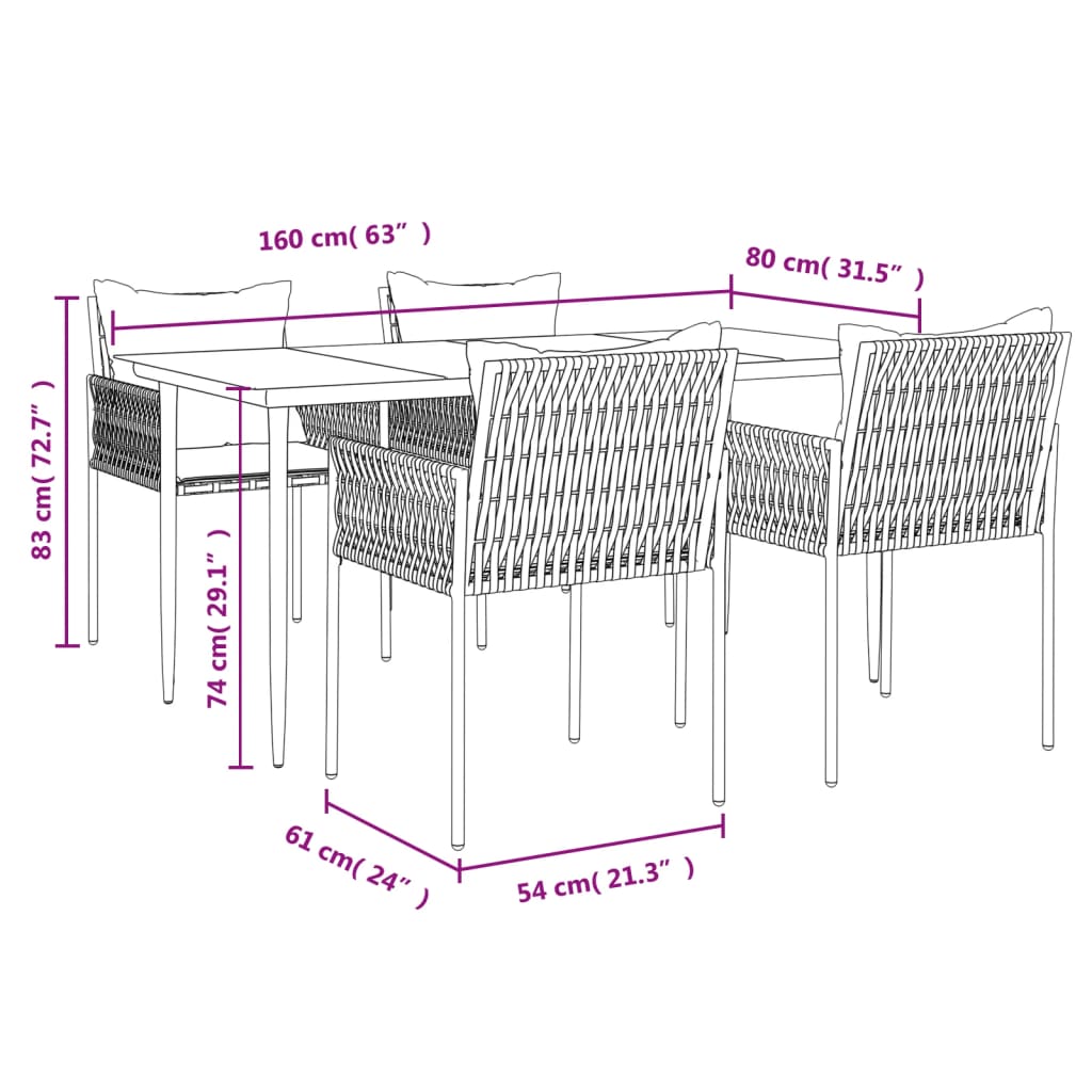 Ensemble à manger de jardin 5 pcs coussins résine tressée acier