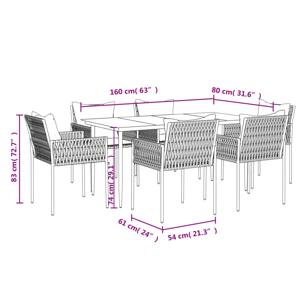 Ensemble à manger de jardin 7 pcs coussins résine tressée acier
