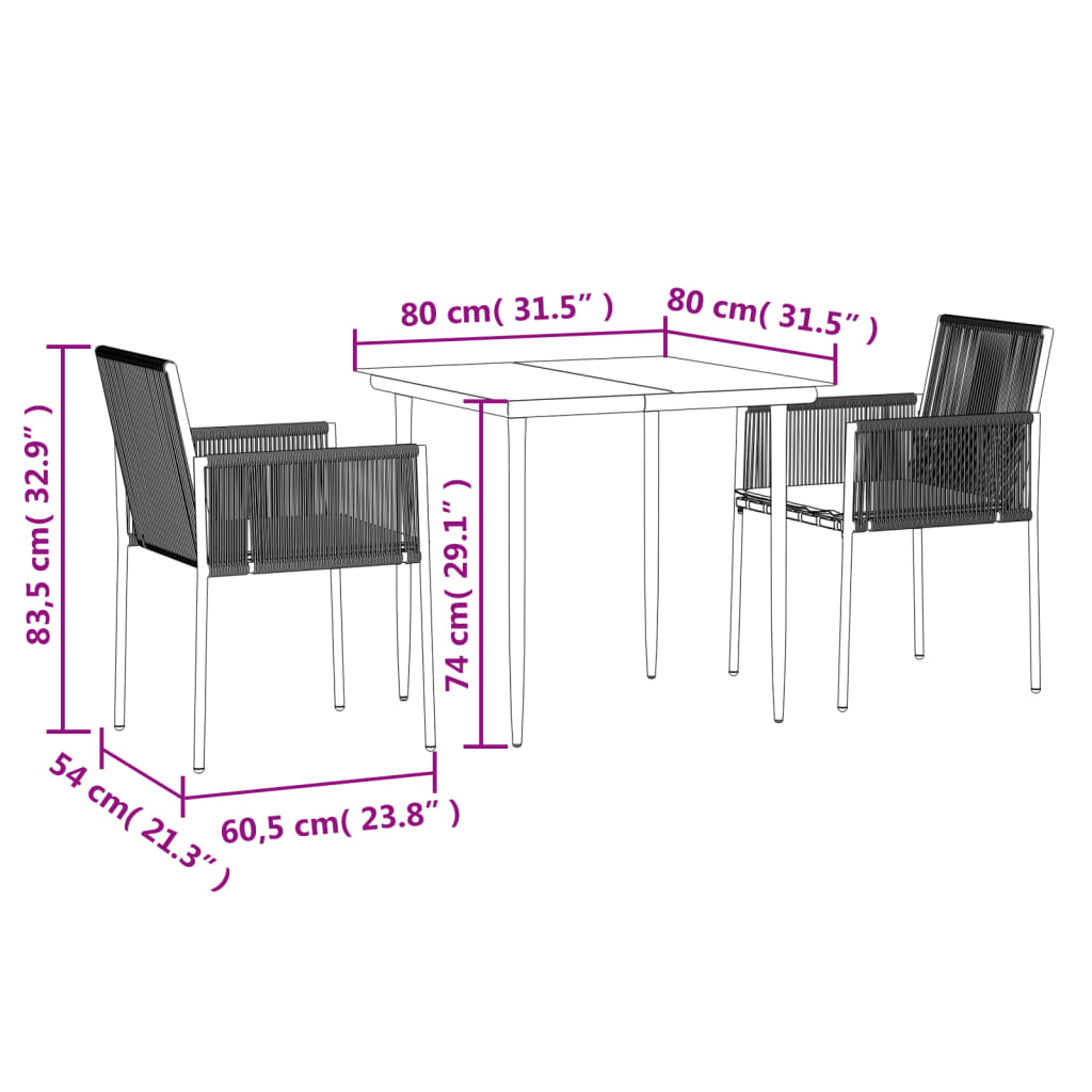 Ensemble à manger de jardin coussins 3 pcs noir rotin et acier