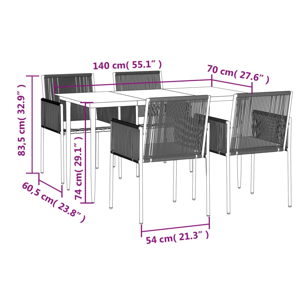 Ensemble à manger de jardin coussins 5pcs noir rotin et acier