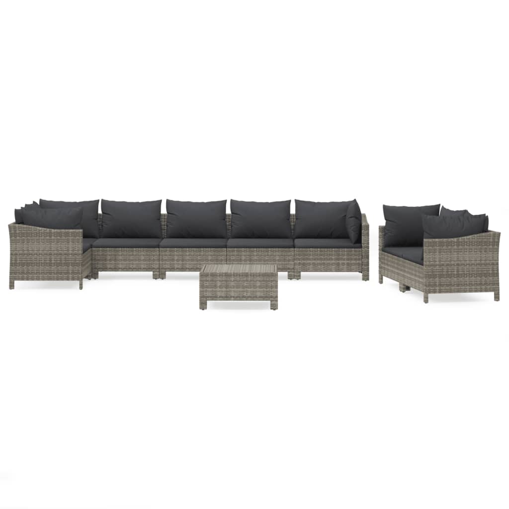 Salon de jardin 9 pcs avec coussins Gris Résine tressée