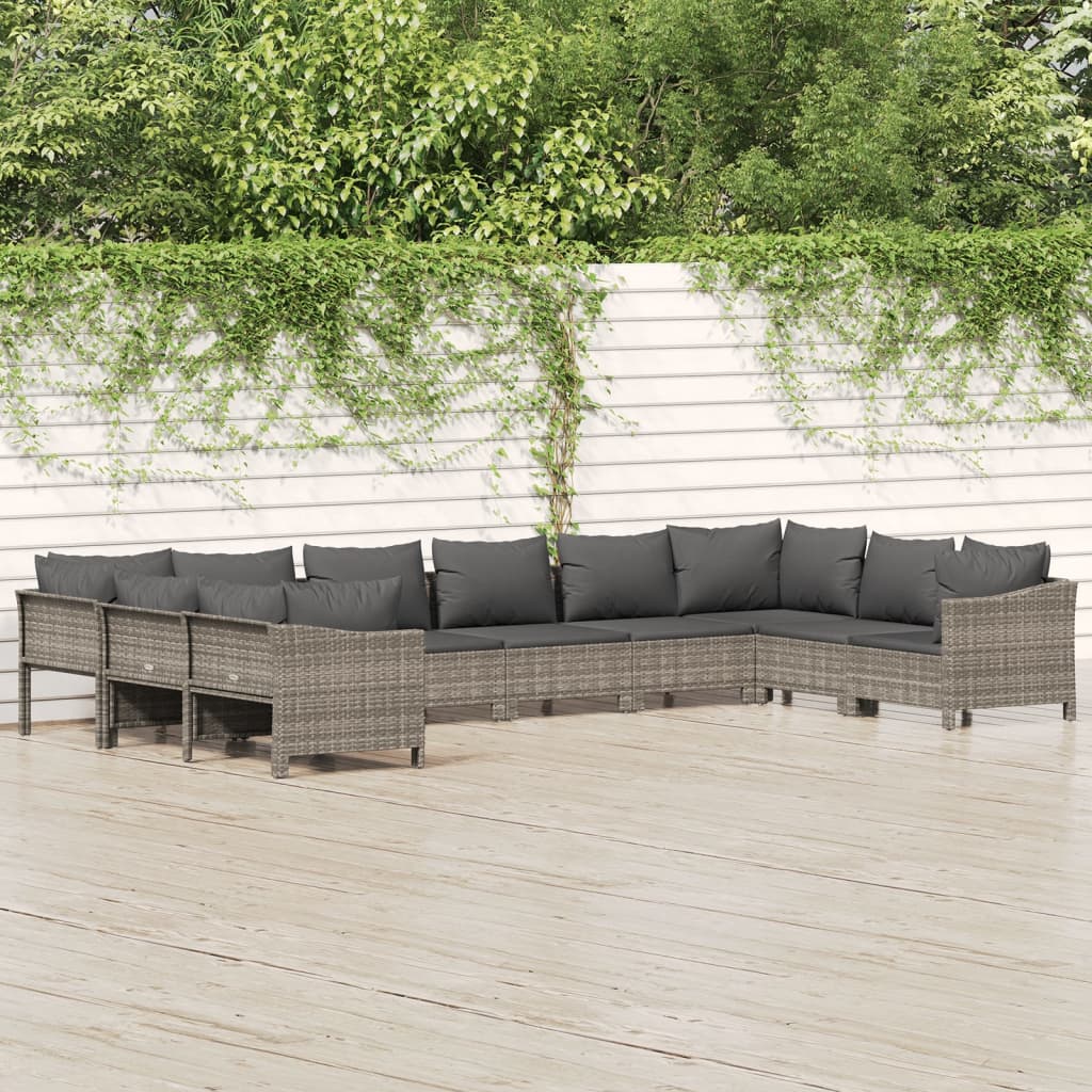 Salon de jardin 10 pcs avec coussins Gris Résine tressée