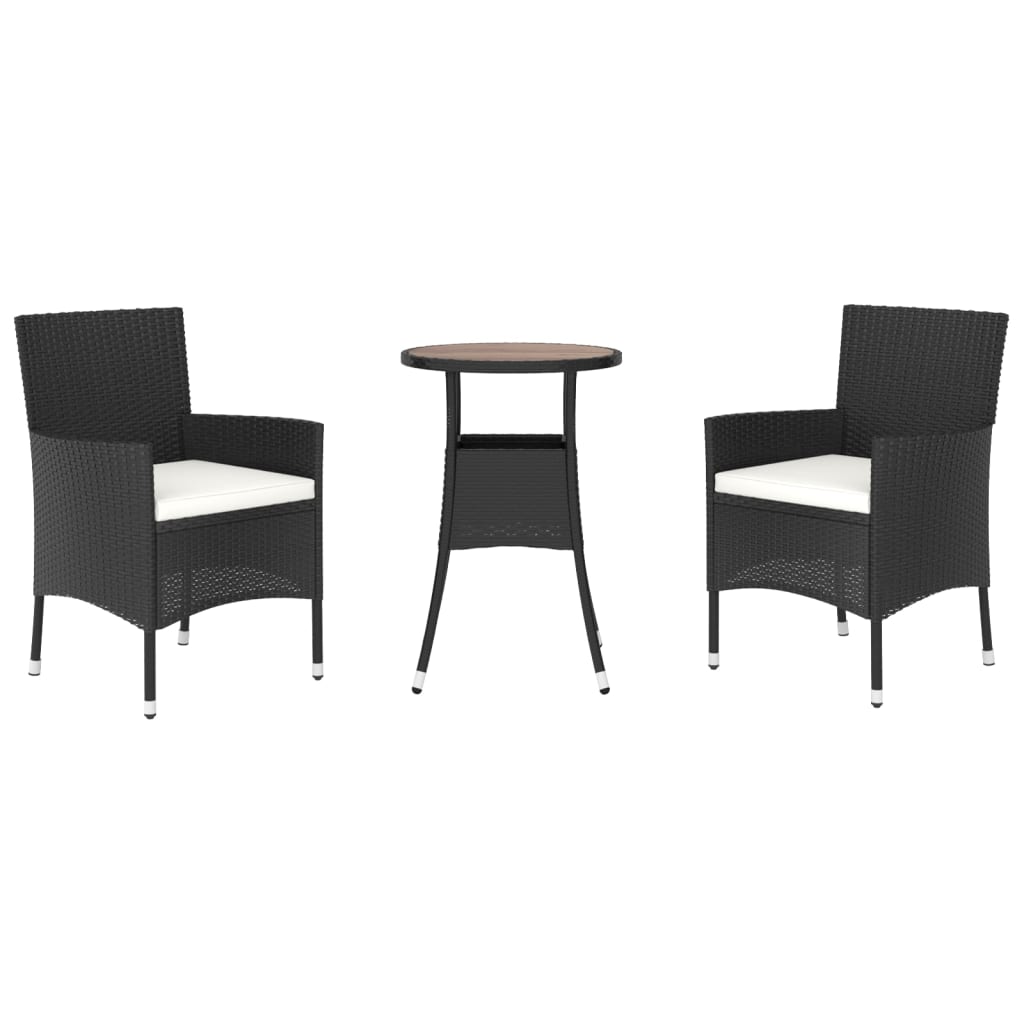 Ensemble de bistro de jardin 3 pcs coussins noir poly rotin