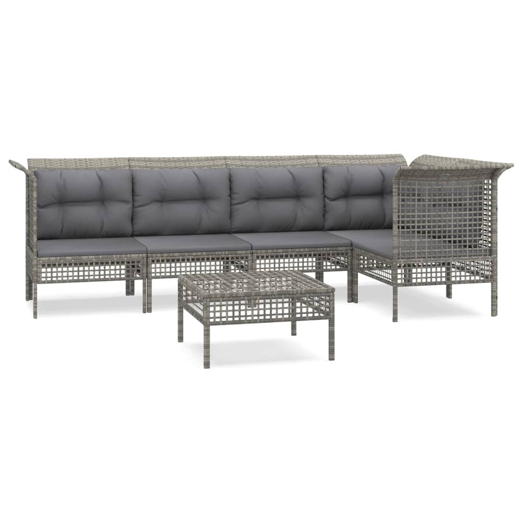 Salon de jardin 6 pcs avec coussins Gris Résine tressée