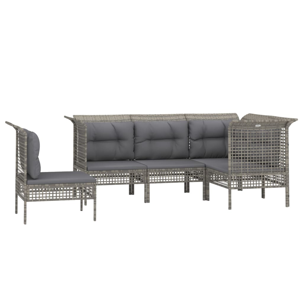 Salon de jardin 5 pcs avec coussins Gris Résine tressée