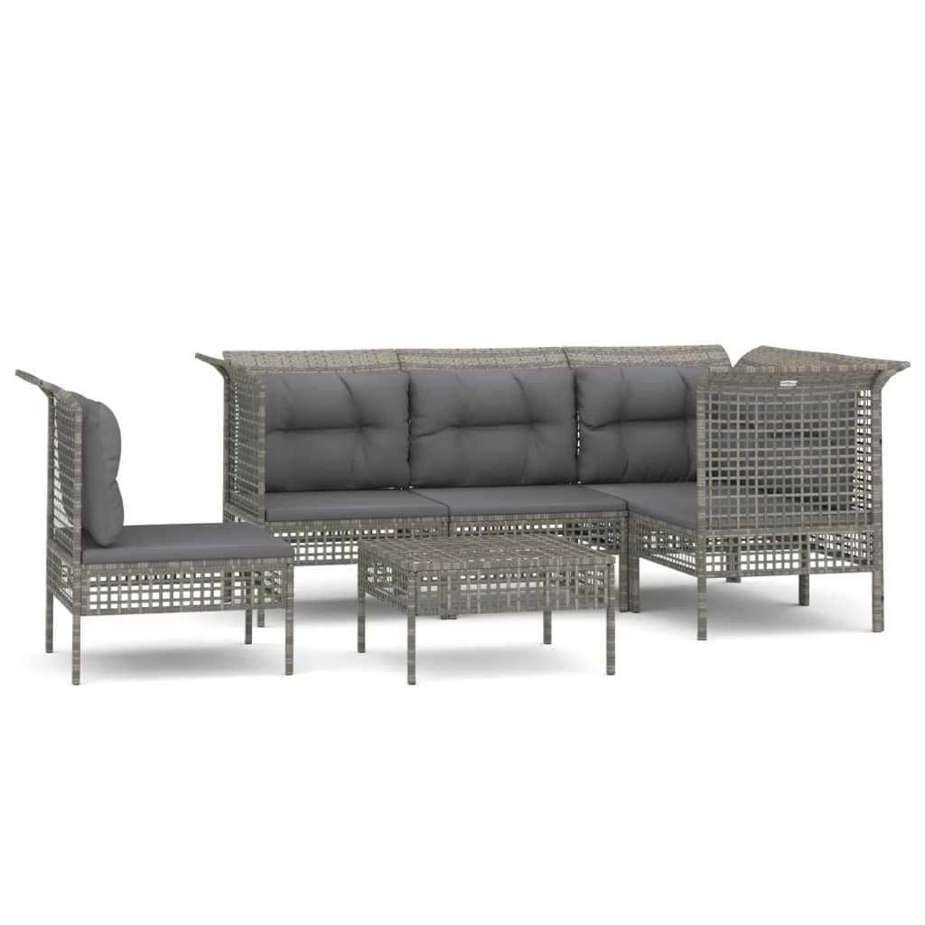 Salon de jardin 6 pcs avec coussins Gris Résine tressée