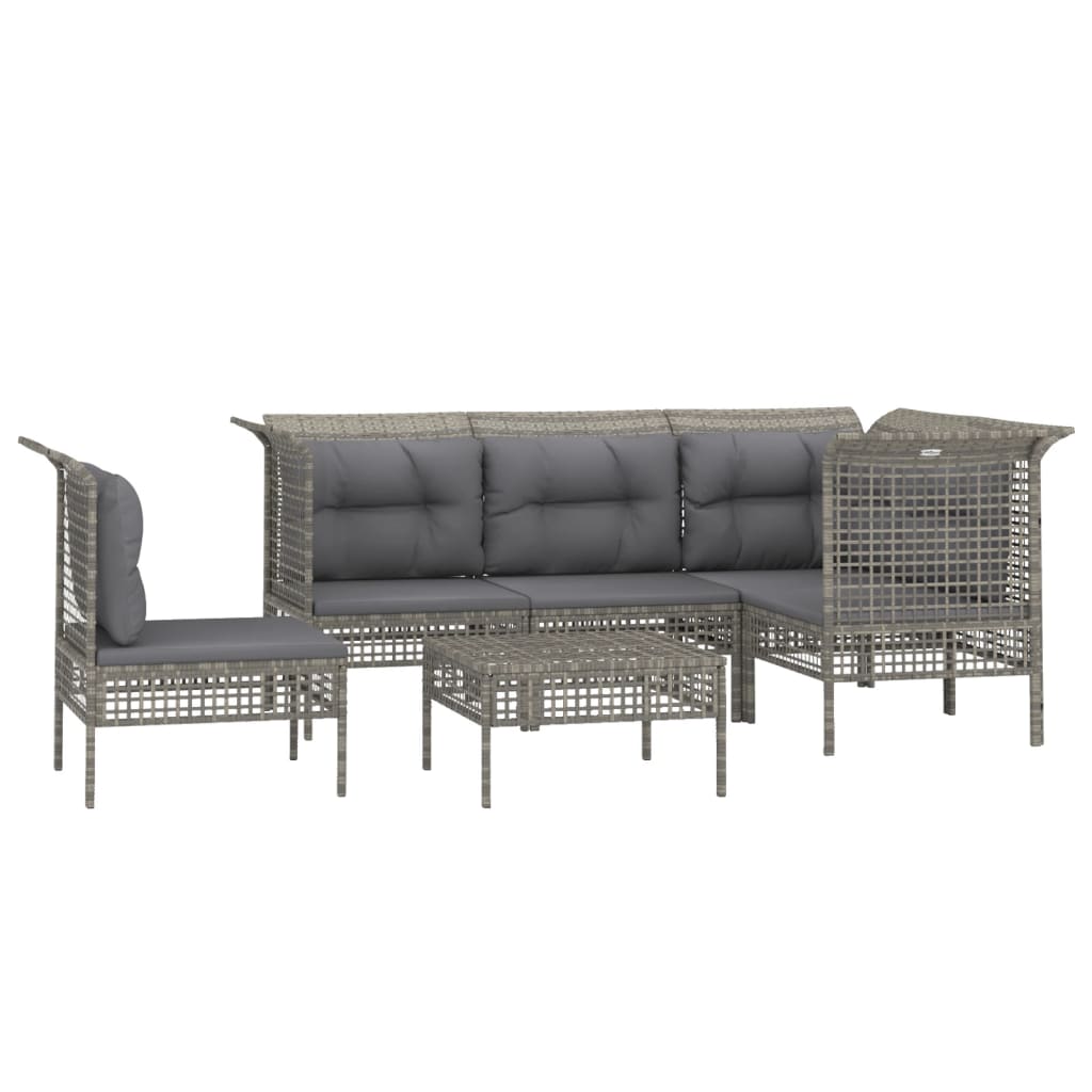 Salon de jardin 6 pcs avec coussins Gris Résine tressée