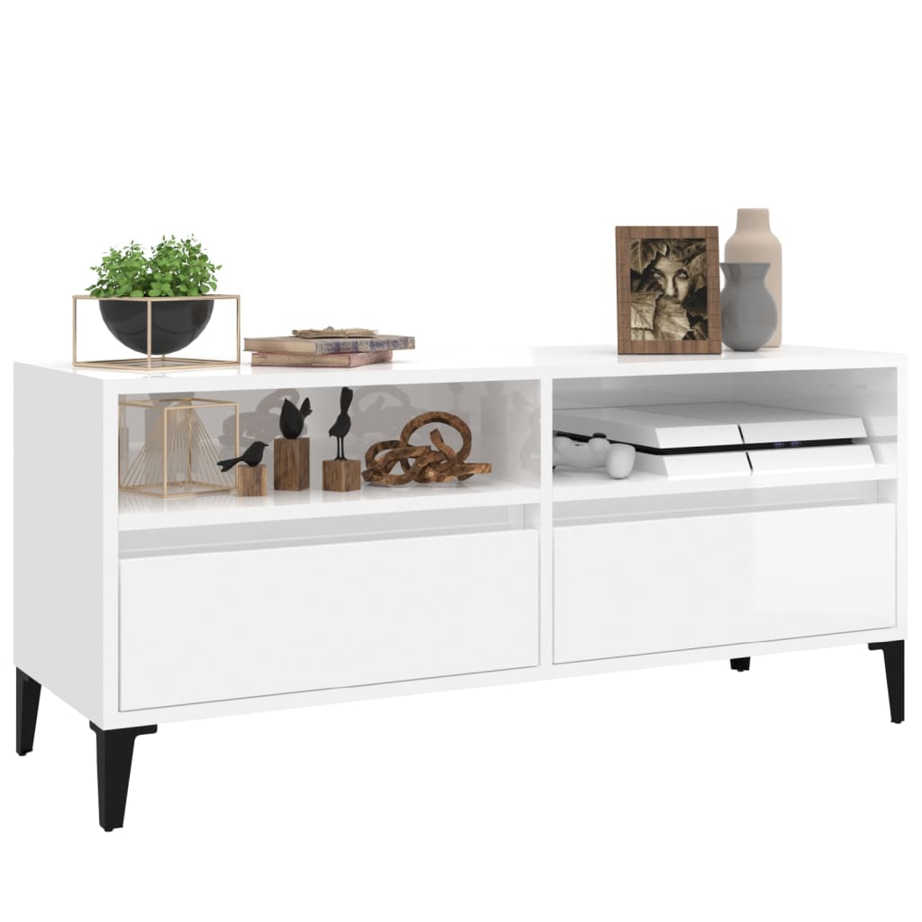Meuble TV blanc brillant 100x34,5x44,5 cm bois d'ingénierie - XIOS