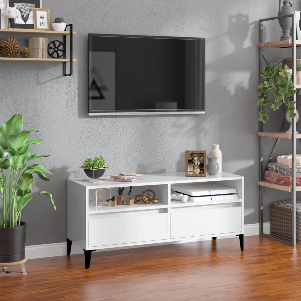 Meuble TV blanc brillant 100x34,5x44,5 cm bois d'ingénierie - XIOS
