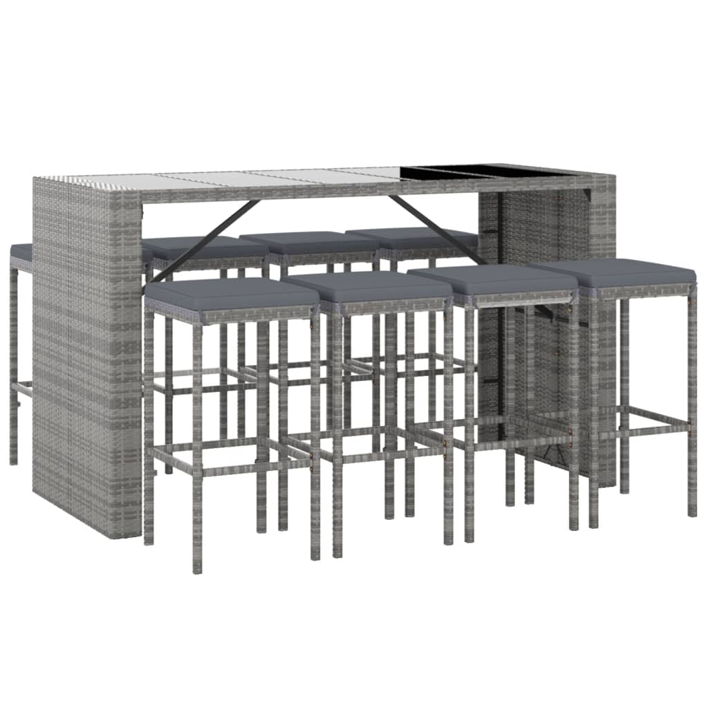Ensemble de bar de jardin 9 pcs avec coussins gris poly rotin