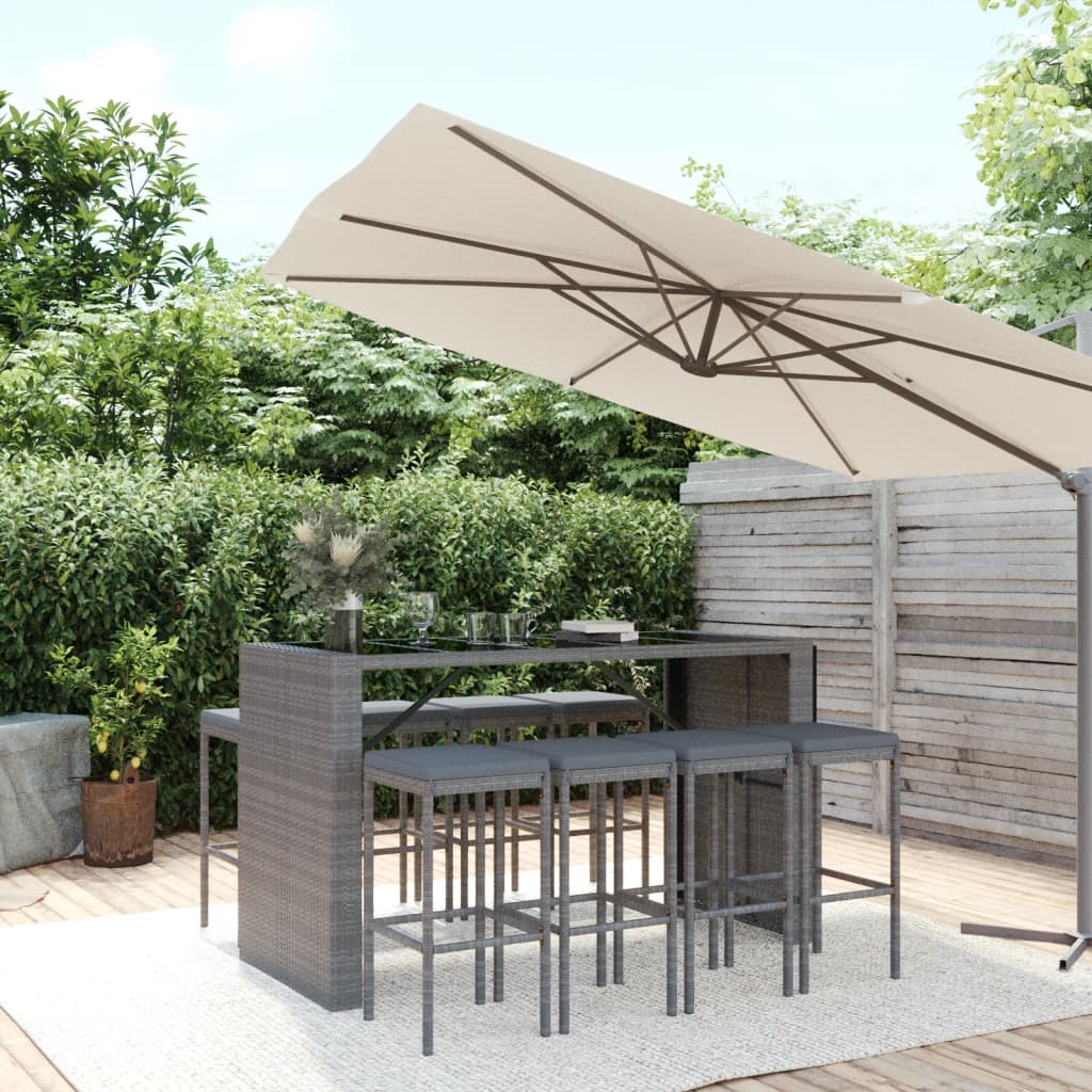 Ensemble de bar de jardin 9 pcs avec coussins gris poly rotin