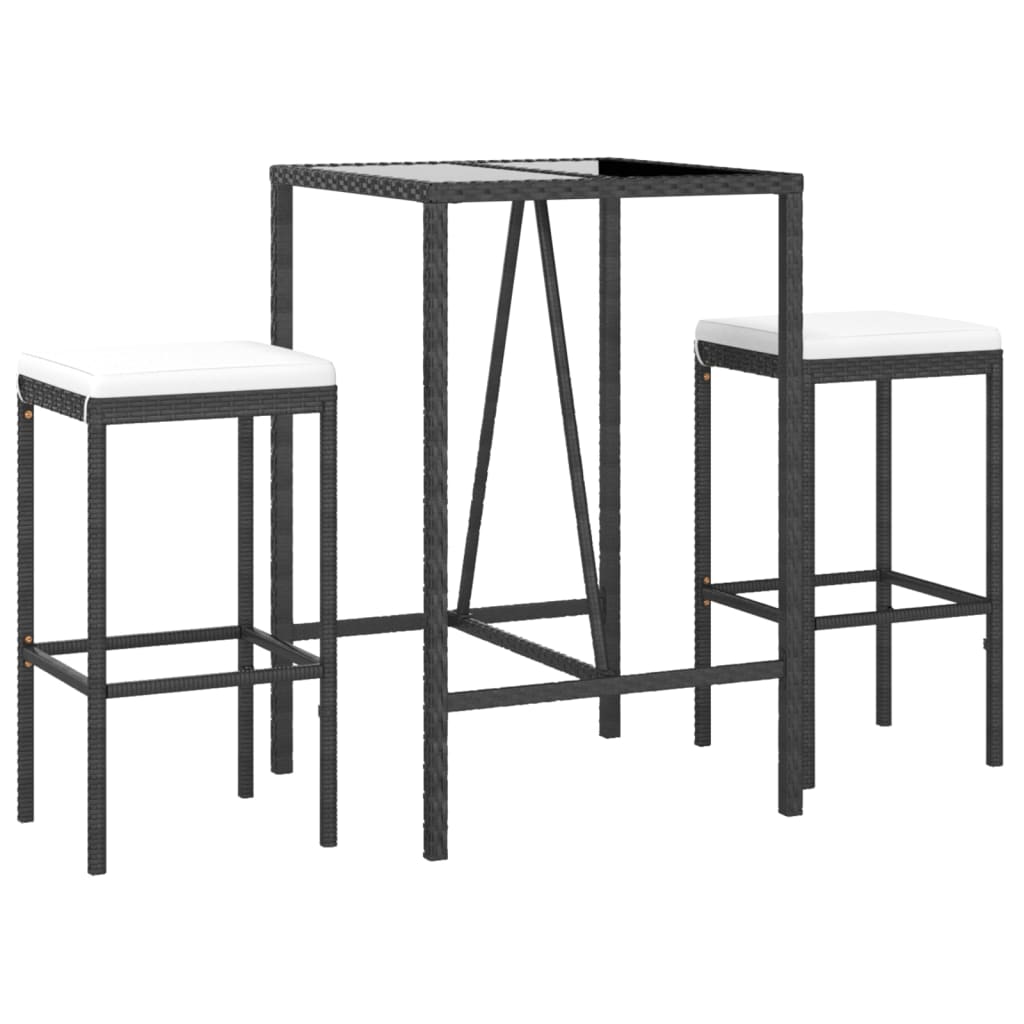 Ensemble de bar de jardin 3 pcs avec coussins noir poly rotin