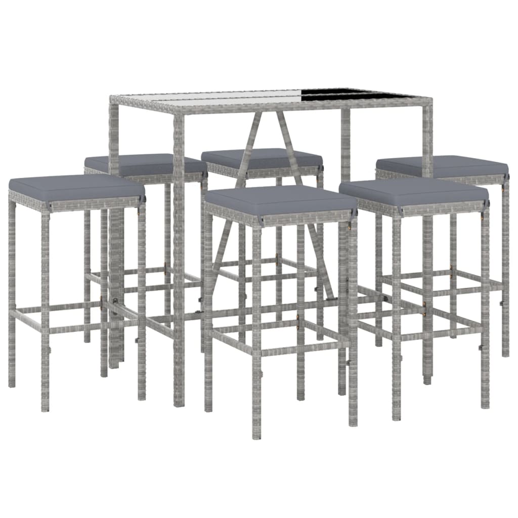 Ensemble de bar de jardin 7 pcs avec coussins gris poly rotin