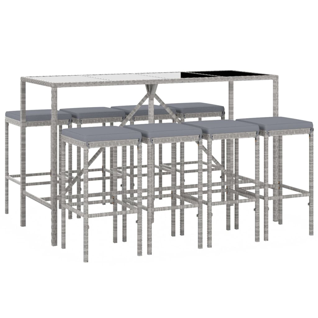 Ensemble de bar de jardin 9 pcs avec coussins gris poly rotin