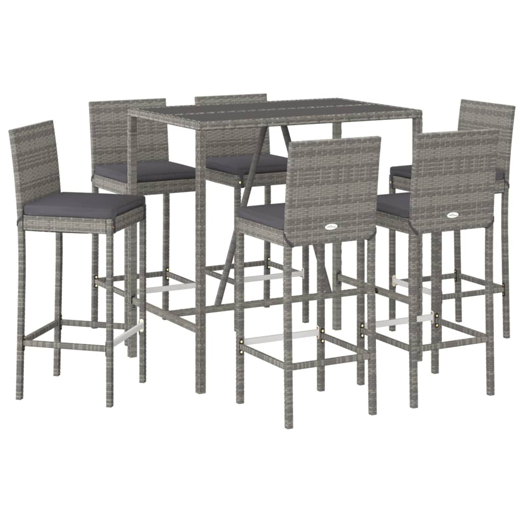 Ensemble de bar de jardin 7 pcs avec coussins gris poly rotin