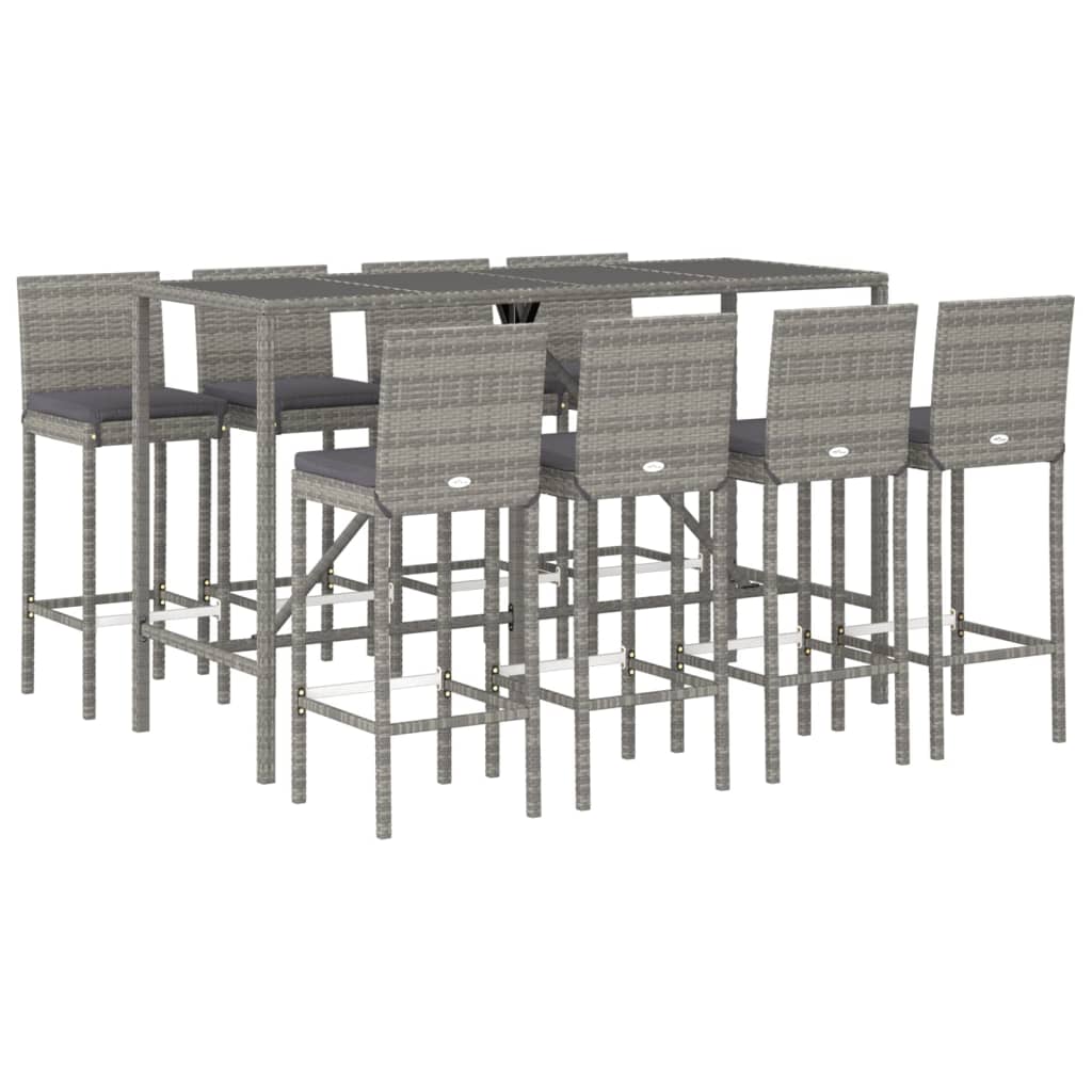 Ensemble de bar de jardin 9 pcs avec coussins gris poly rotin