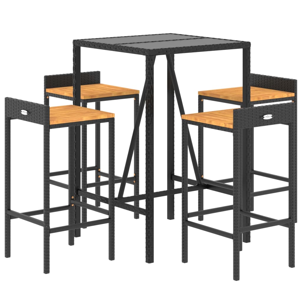Ensemble de bar jardin 5 pcs noir poly rotin/bois massif acacia