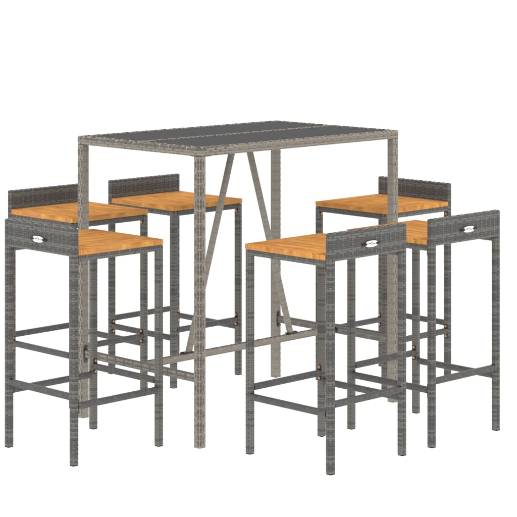 Ensemble de bar jardin 7 pcs gris poly rotin/bois massif acacia