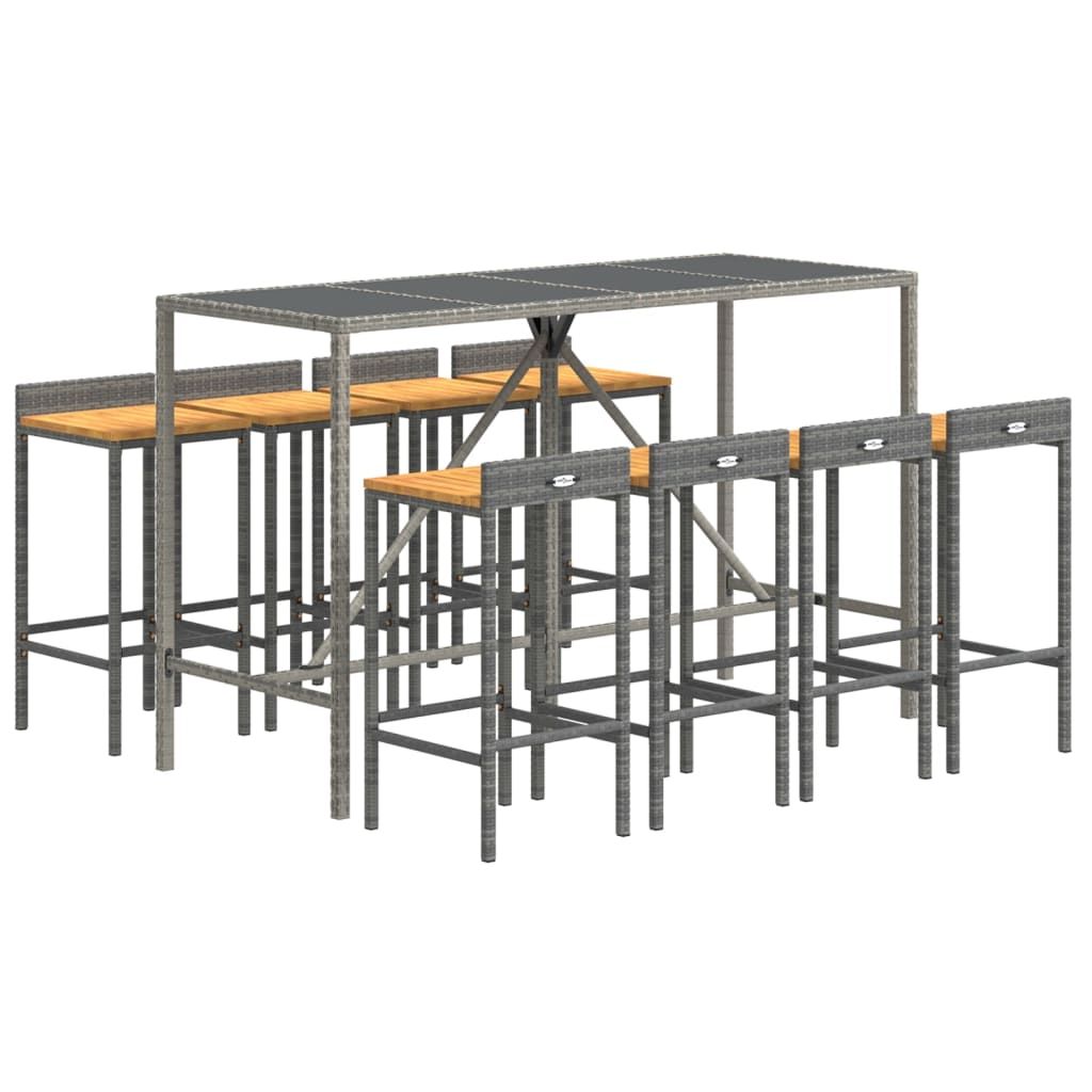 Ensemble de bar jardin 9 pcs gris poly rotin/bois massif acacia