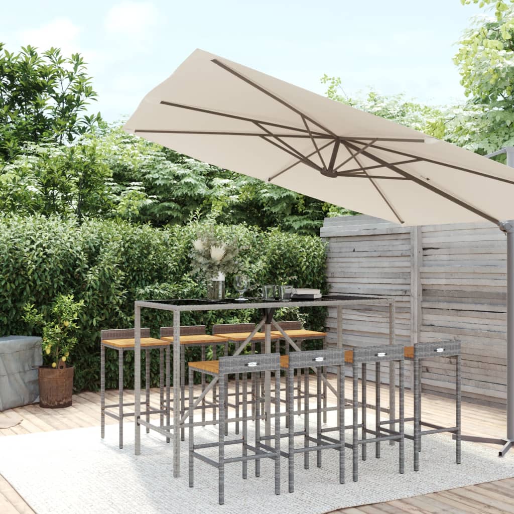 Ensemble de bar jardin 9 pcs gris poly rotin/bois massif acacia