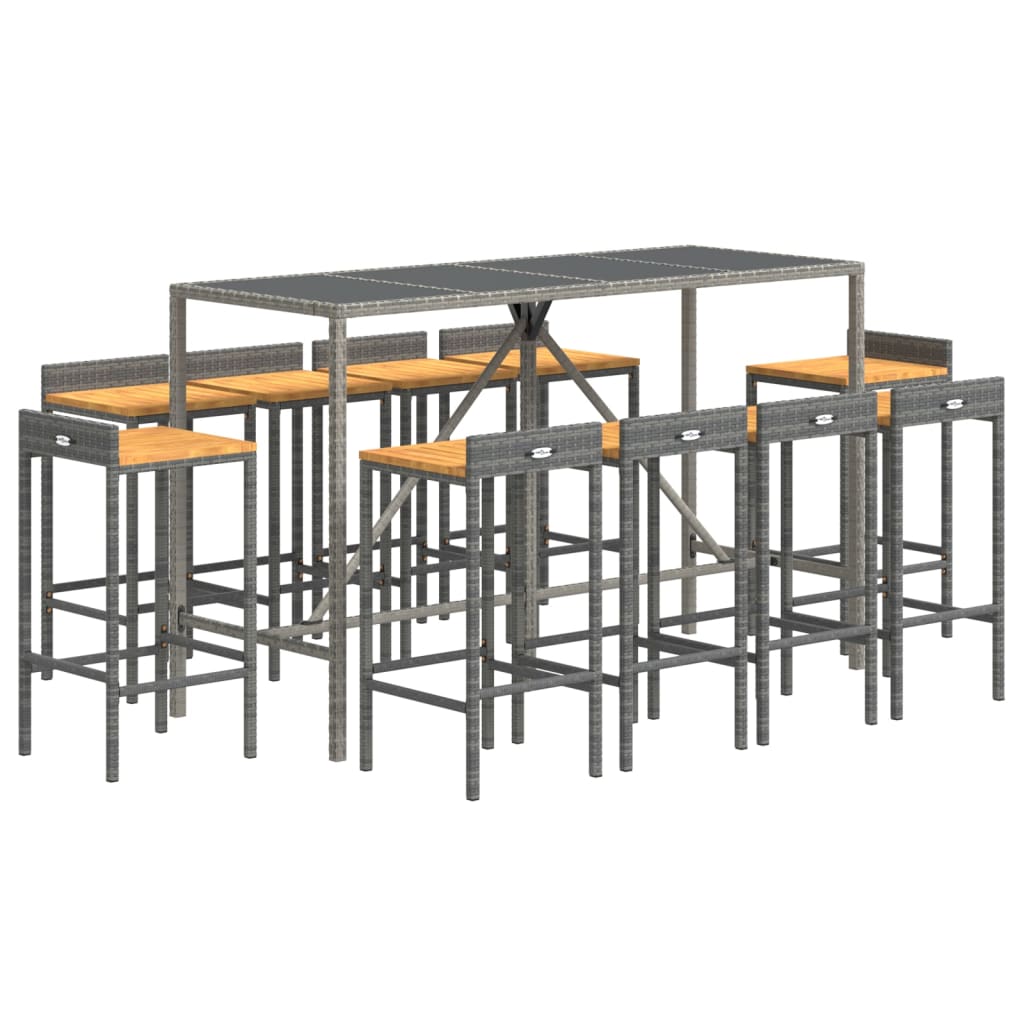 Ensemble de bar jardin 11pcs gris poly rotin/bois massif acacia