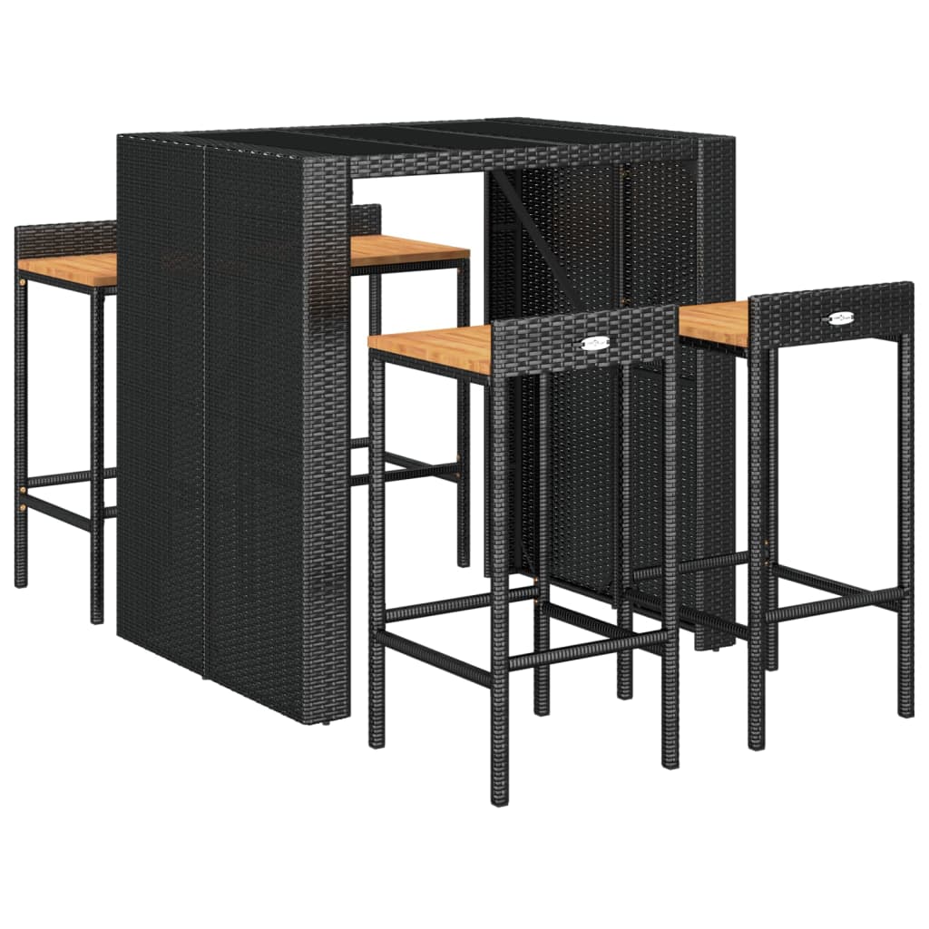 Ensemble de bar jardin 5 pcs noir poly rotin/bois massif acacia
