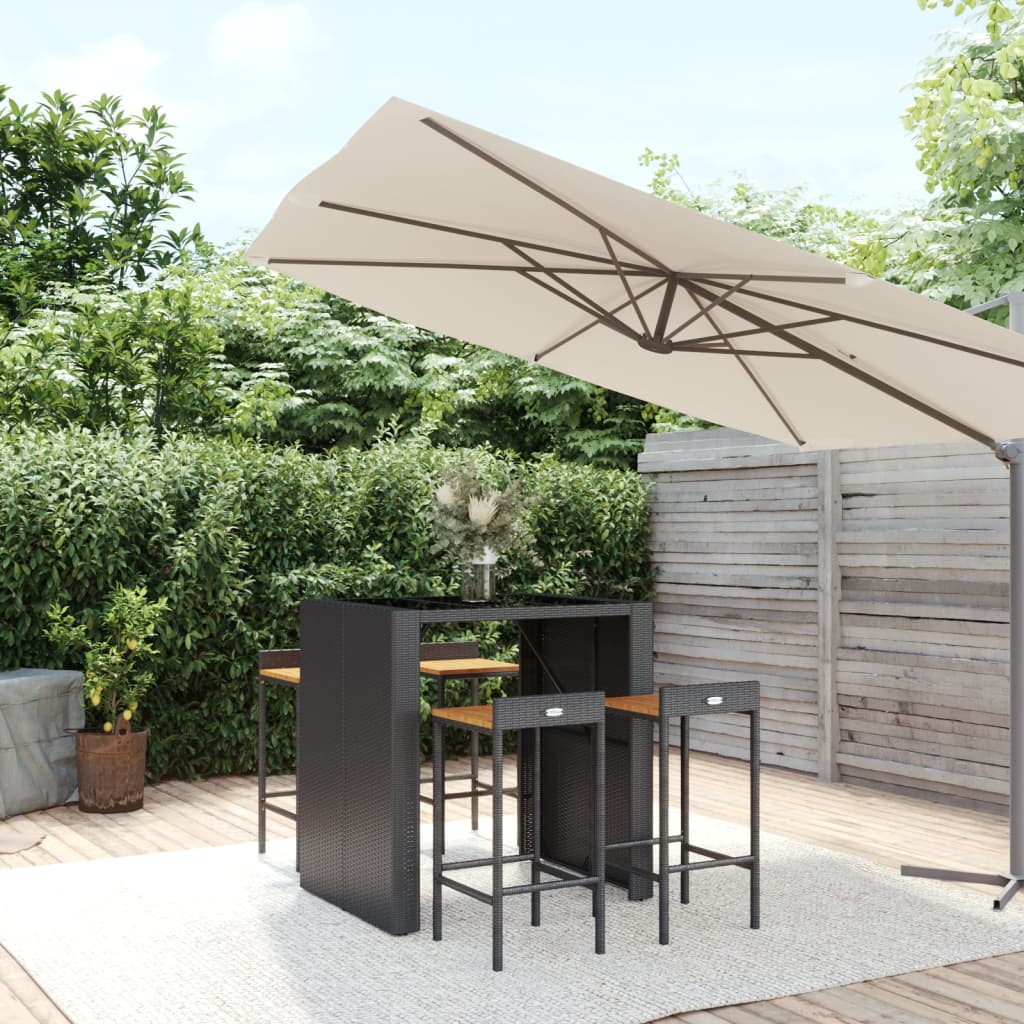 Ensemble de bar jardin 5 pcs noir poly rotin/bois massif acacia
