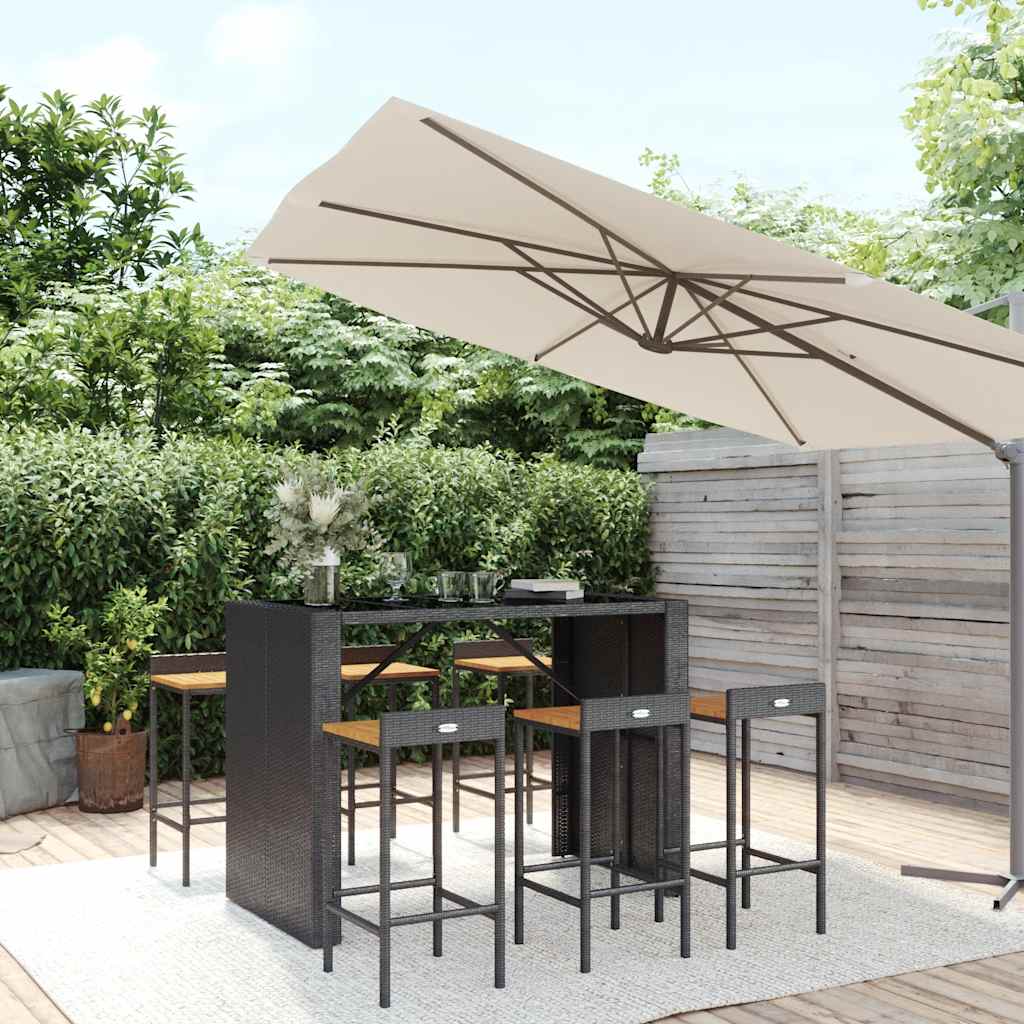Ensemble de bar jardin 7 pcs noir poly rotin/bois massif acacia