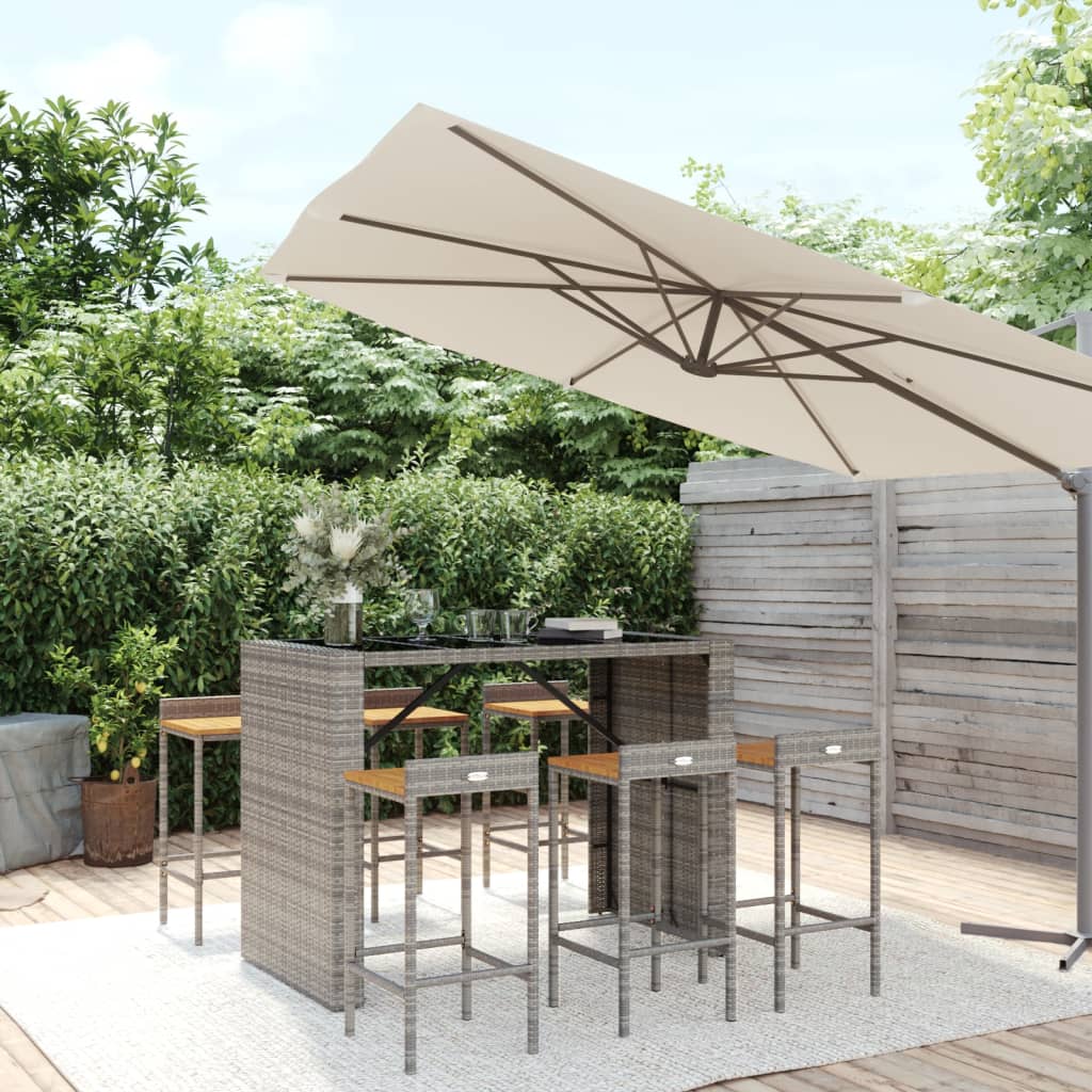 Ensemble de bar jardin 7 pcs gris poly rotin/bois massif acacia