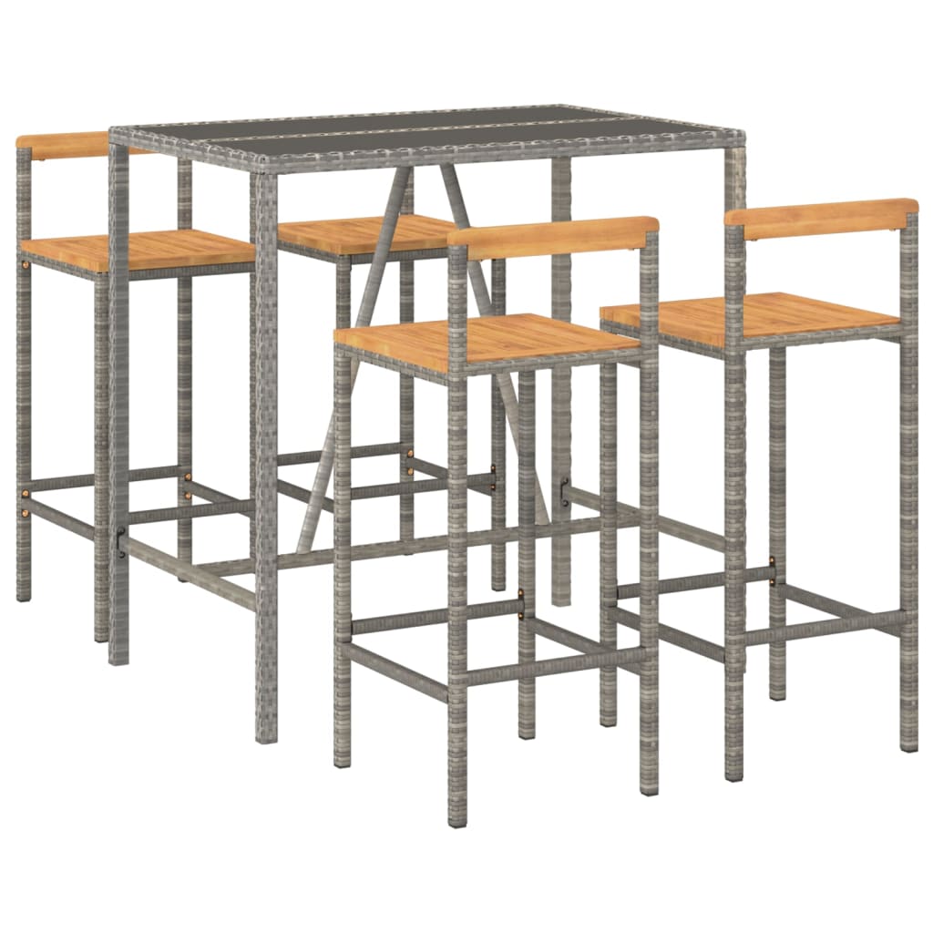 Ensemble de bar jardin 5 pcs gris poly rotin/bois massif acacia