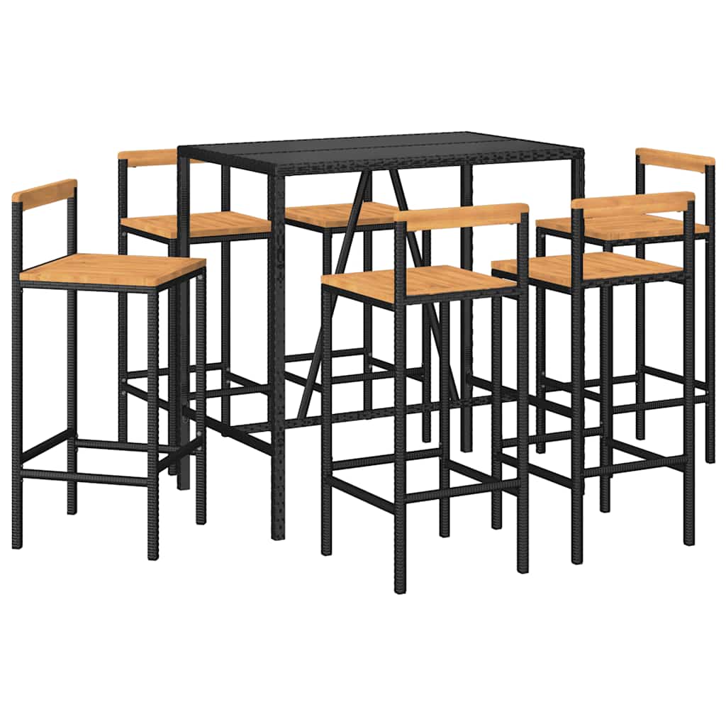 Ensemble de bar jardin 7 pcs noir poly rotin/bois massif acacia
