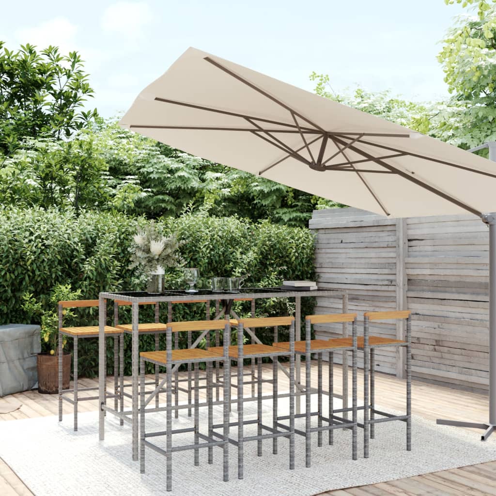 Ensemble de bar jardin 9 pcs gris poly rotin/bois massif acacia