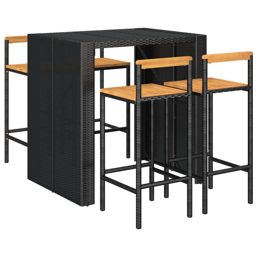 Ensemble de bar jardin 5 pcs noir poly rotin/bois massif acacia