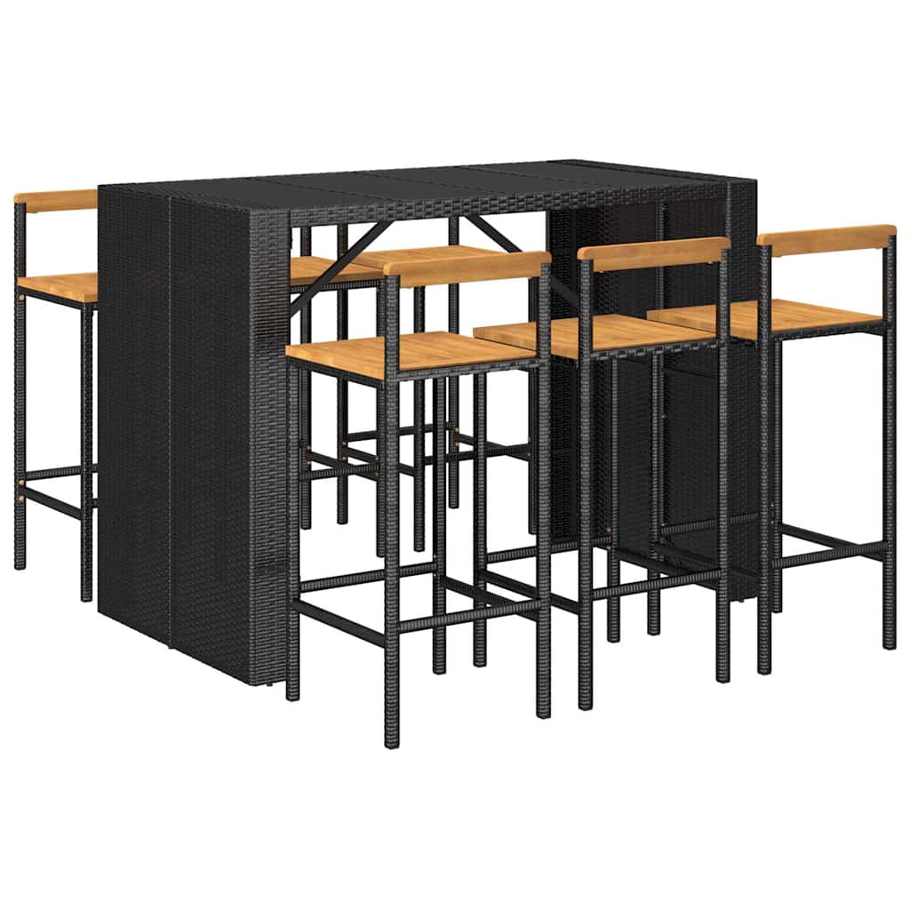 Ensemble de bar jardin 7 pcs noir poly rotin/bois massif acacia