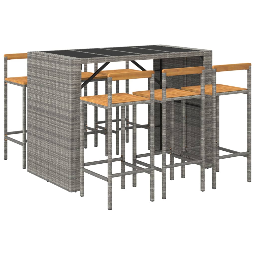 Ensemble de bar jardin 7 pcs gris poly rotin/bois massif acacia