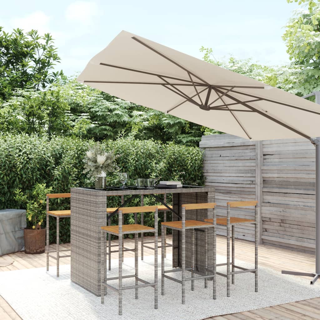 Ensemble de bar jardin 7 pcs gris poly rotin/bois massif acacia